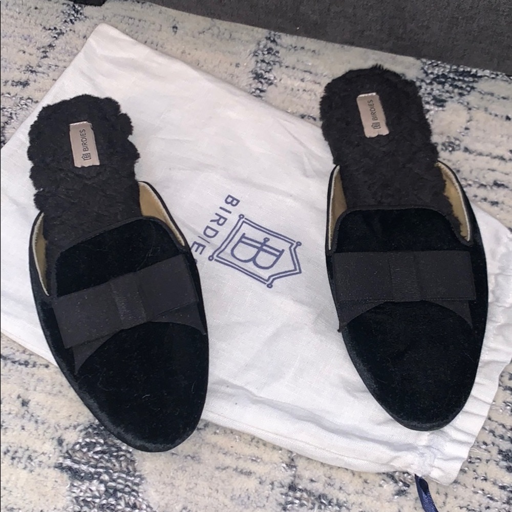 Black Faux Fur Birdies Slip Shoes